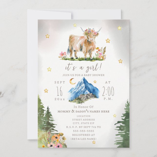 Highland Cow Stars Floral Mountain Baby Shower  Invitation (Front)