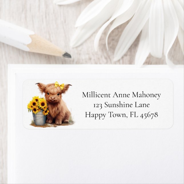 Highland Cow Sunflower Bucket Return Address Label (Insitu)
