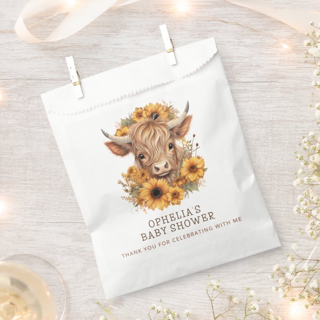 Highland Cow Sunflowers Baby Shower Thank You Favour Bags (Clipped)