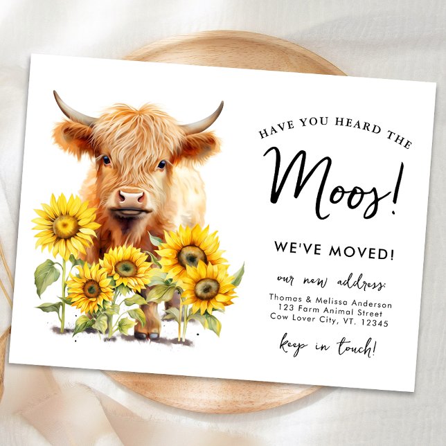 Highland Cow Sunflowers New Address Farm Moving Announcement Postcard (Creator Uploaded)