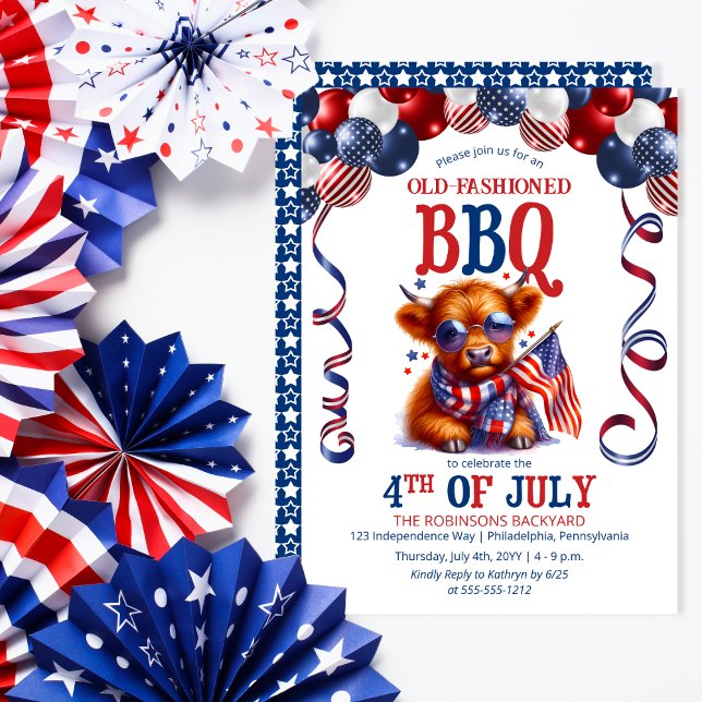 Highland Cow | Sunglasses 4th of July BBQ Party Invitation (Balloon Arch and Cute Cool Highland Cow Calf Sporting Sunglasses 4th of July BBQ Invitation)