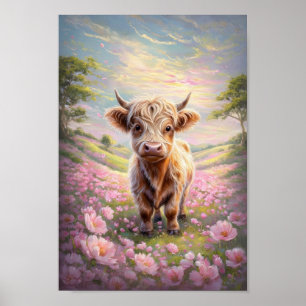 Highland Cow Surrounded By Blush Pink Flowers Poster
