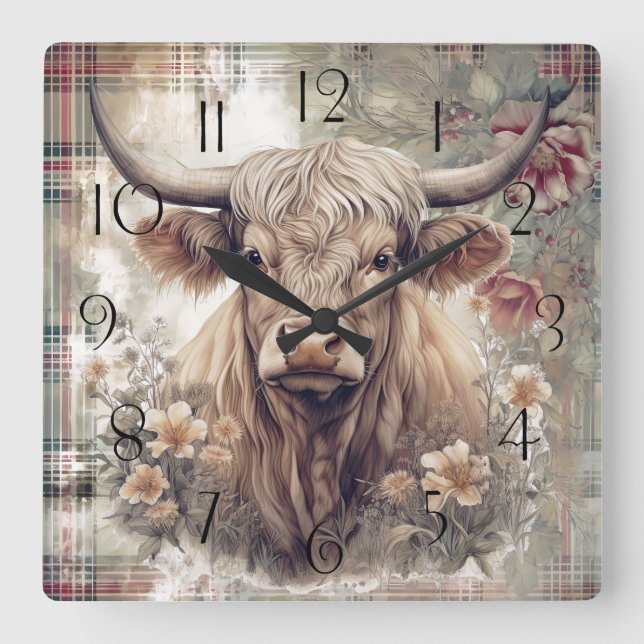 Highland Cow Tartan Clan Watercolor Square Wall Clock (Front)