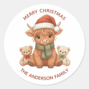 Highland Cow Teddy Bear Christmas Family Name Classic Round Sticker