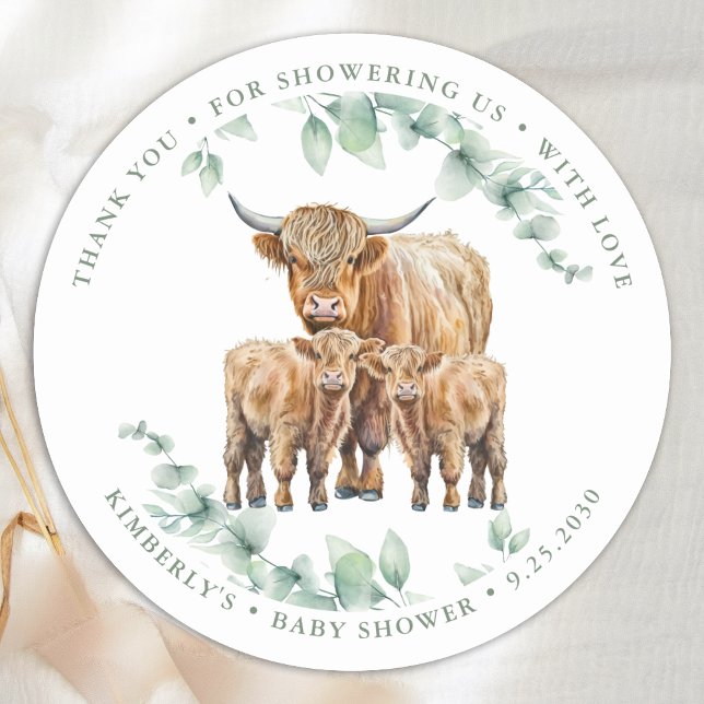 Highland Cow Twins Farm Animals Baby Shower Classic Round Sticker (Creator Uploaded)