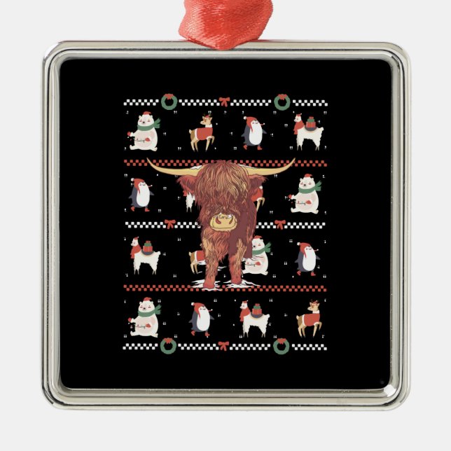 Highland Cow Ugly Christmas Metal Tree Decoration (Front)