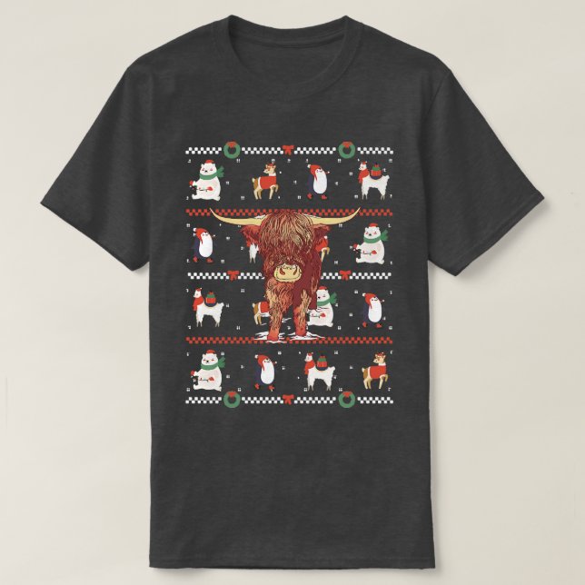 Highland Cow Ugly Christmas T-Shirt (Design Front)