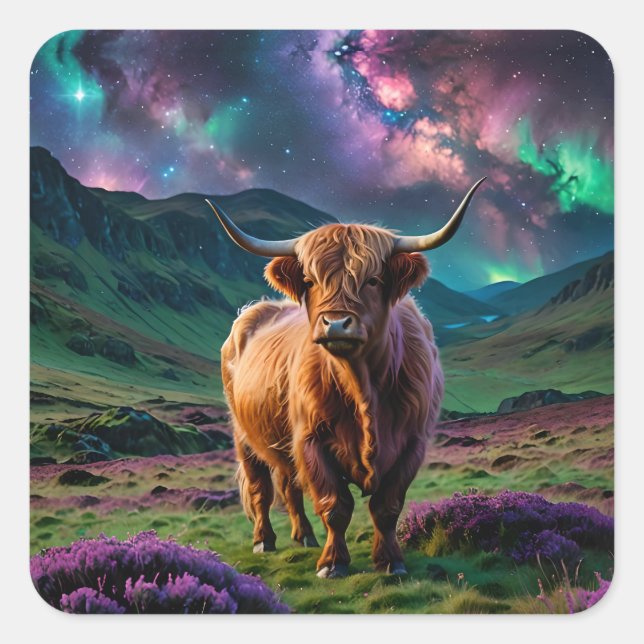 Highland Cow Under The stars Square Sticker (Front)