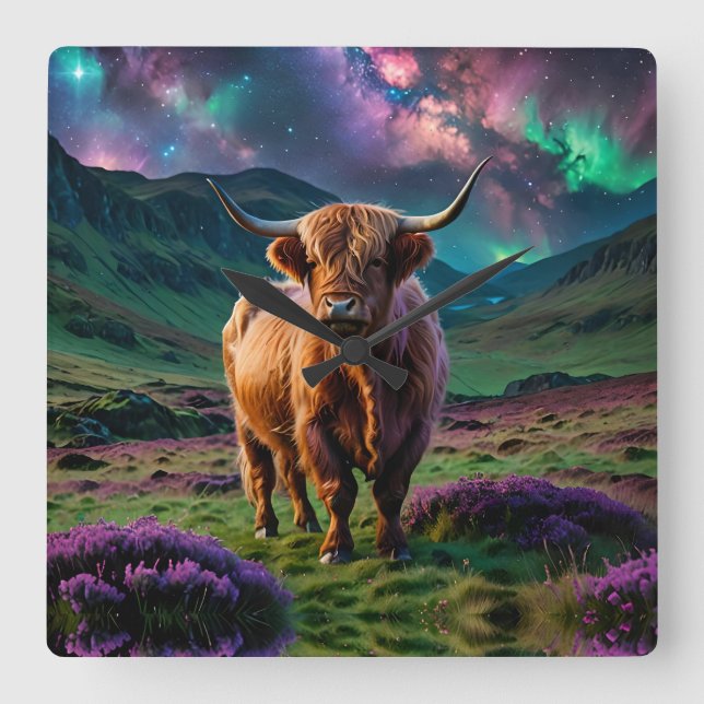 Highland Cow Under The Stars Square Wall Clock (Front)