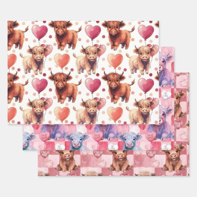 Highland Cow Valentine Pink Balloon Hearts Gift Wrapping Paper Sheet (Set)