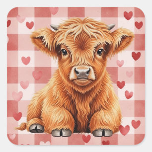 Highland Cow Valentine Pink Red Hearts Square Sticker