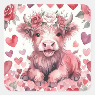 Highland Cow Valentine Pink Red Rose Square Sticker