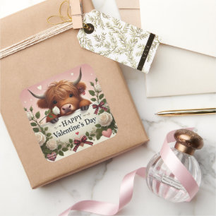 Highland Cow Valentine With White Roses Square Sticker