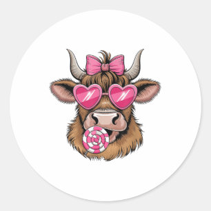 Highland Cow Valentines Day Heart Coquette Bow Gir Classic Round Sticker