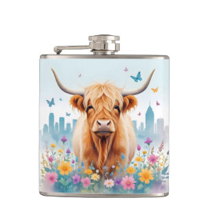 Highland Cow Vintage Animal Nature Forest City Art Hip Flask