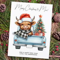 Highland Cow Vintage Blue Truck Merry Christmas