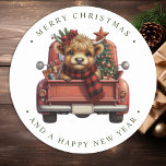 Highland Cow Vintage Red Truck Merry Christmas Classic Round Sticker<br><div class="desc">Celebrate the holiday season with a touch of rustic charm and whimsy with our delightful Christmas card featuring a Highland cow! This card is the perfect blend of vintage aesthetics and festive cheer, making it an ideal choice for those who love farmhouse decor and farm animals. Design Elements Highland Cow:...</div>