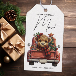 Highland Cow Vintage Red Truck Merry Christmas Gift Tags