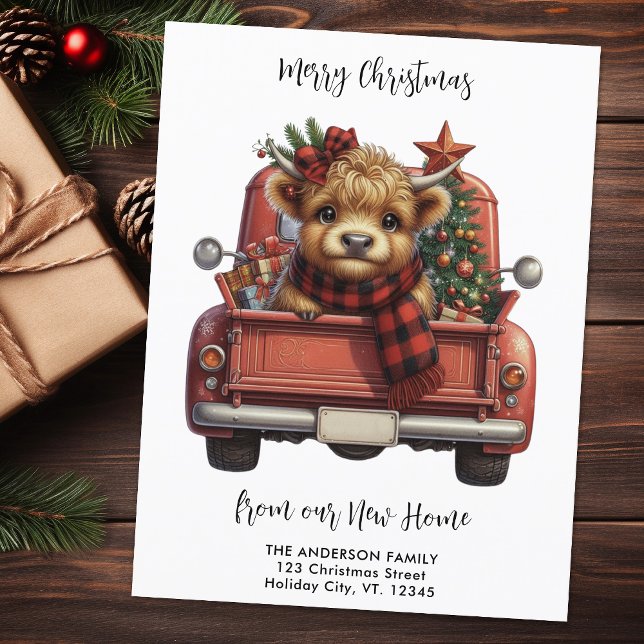 Highland Cow Vintage Red Truck Merry Christmas  Postcard (Creator Uploaded)