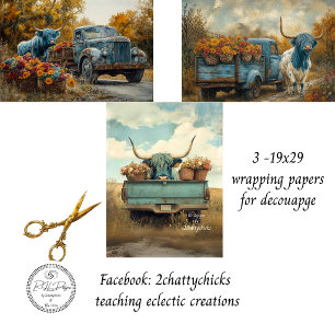 Highland Cow Vintage Truck Floral 3-19x29 Wrapping Paper Sheet