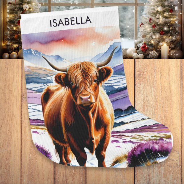 Highland Cow Watercolor Animal Large Christmas Stocking (A personalized Christmas stocking, with picture of a Highland cow in snow with purple heather)