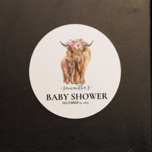 Highland Cow Watercolor Baby Shower Calf   Classic Round Sticker