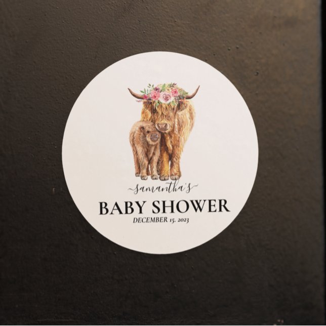 Highland Cow Watercolor Baby Shower Calf   Classic Round Sticker (Creator Uploaded)