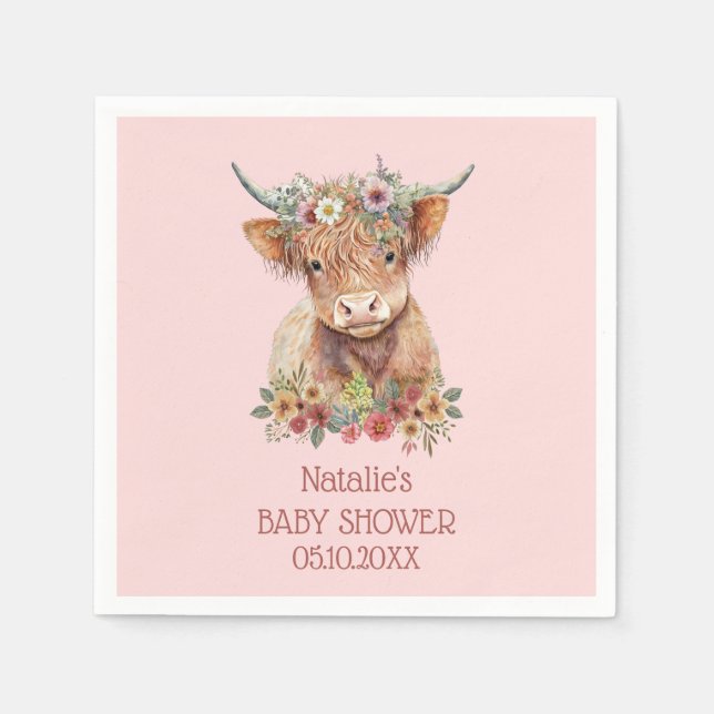 Highland Cow watercolor Baby Shower Cute Pink  Napkin (Front)