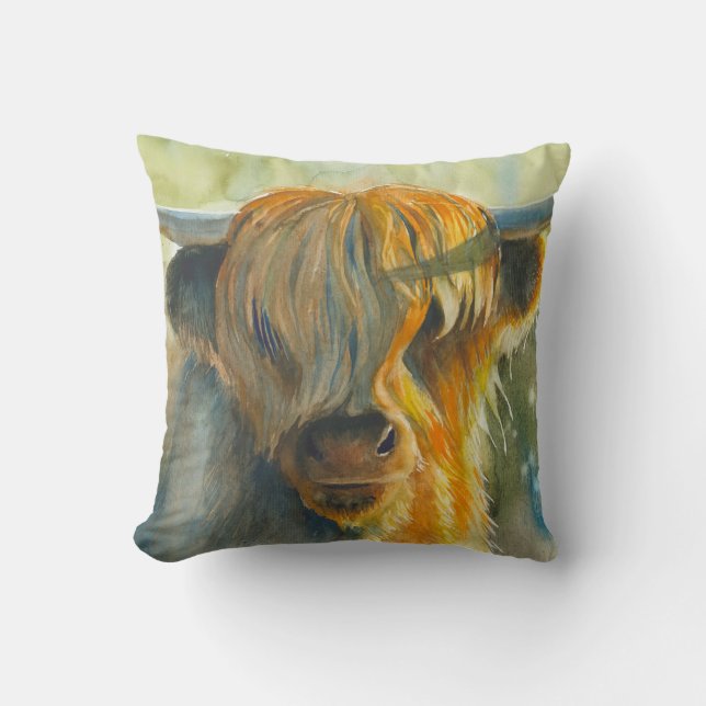 Highland cow watercolor home decor pillow (Front)