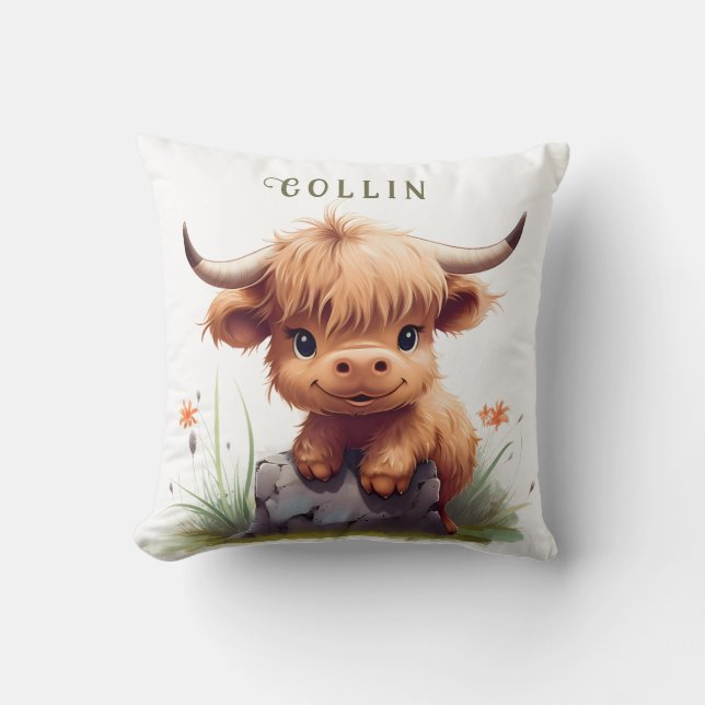 Highland cow watercolor throw pillow (Front)