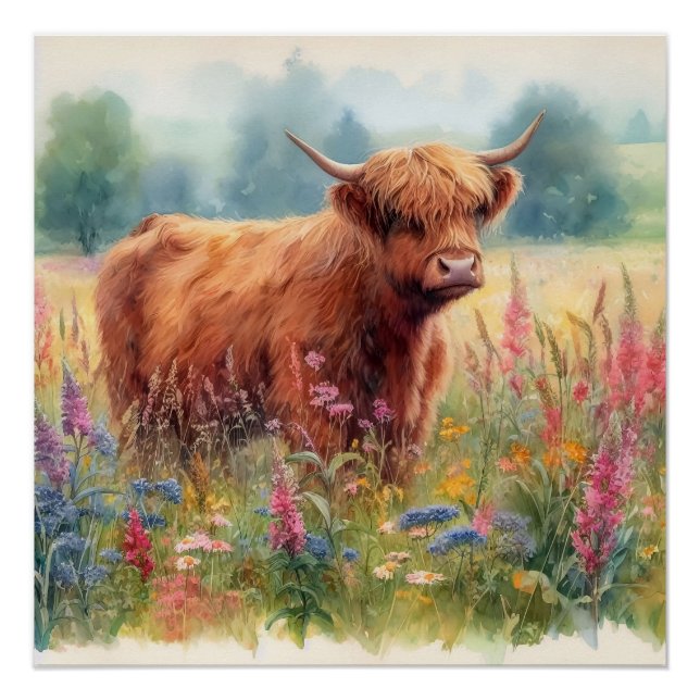 Highland Cow Watercolor Wildflower Field Poster (Front)