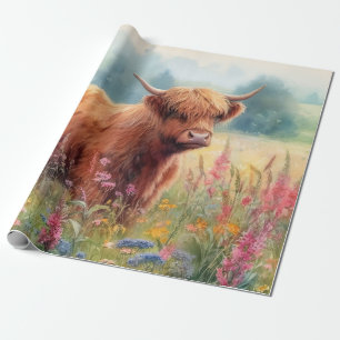 Highland Cow Watercolor Wildflower Field Wrapping Paper