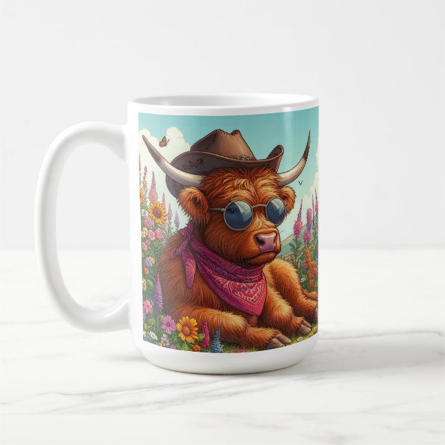 Highland Cow Wearing Sunglasses and Cowboy Hat  Coffee Mug (Left)