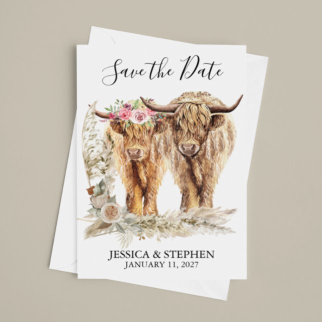 Highland Cow Wedding Watercolor  Save The Date (Creator Uploaded)