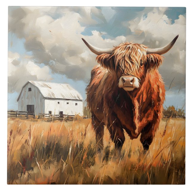 Highland Cow White Barn Rustic Tile (Front)