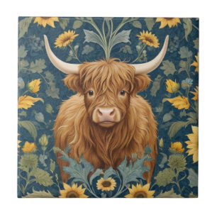 Highland Cow William Morris style Yellow Sunflower Tile