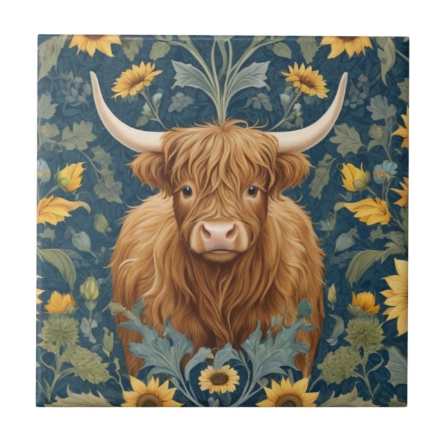 Highland Cow William Morris style Yellow Sunflower Tile (Front)