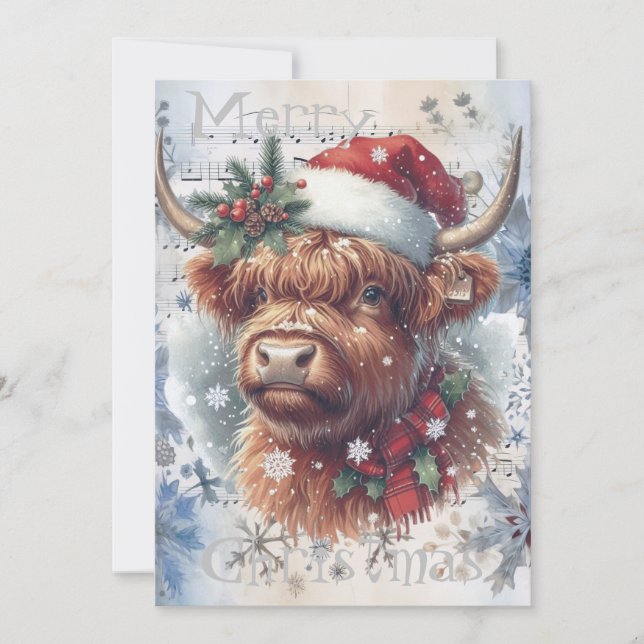 Highland Cow Winter Christmas Watercolor Holiday Card (Front)