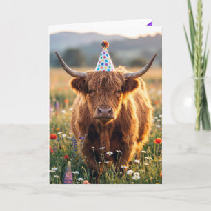 Highland Cow with Birthday Party Hat Card
