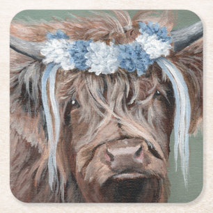 Highland Cow with Blue and White Crown Square Paper Coaster