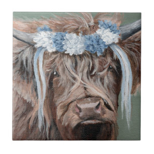 Highland Cow with Blue and White Crown Tile