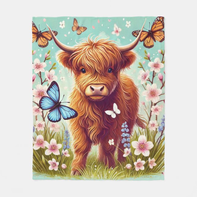 Highland Cow with Butterflies and Spring Flowers Fleece Blanket (Front)