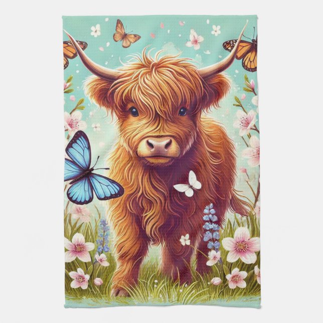 Highland Cow with Butterflies and Spring Flowers Tea Towel (Vertical)