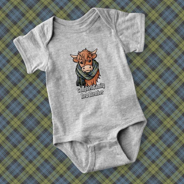 Highland Cow with Campbell Tartan Scarf Baby Bodysuit (Creator Uploaded)
