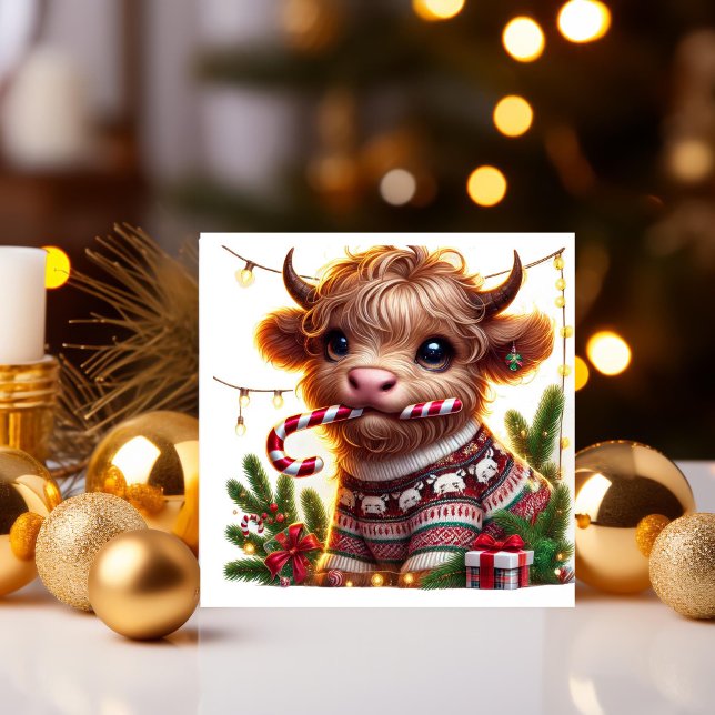 Highland Cow with Candy Cane Holiday Card (Creator Uploaded)