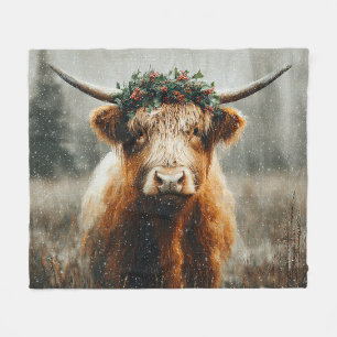 Highland Cow With Christmas Wreath Crown Fleece Blanket
