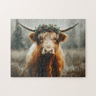 Highland Cow With Christmas Wreath Crown Jigsaw Puzzle