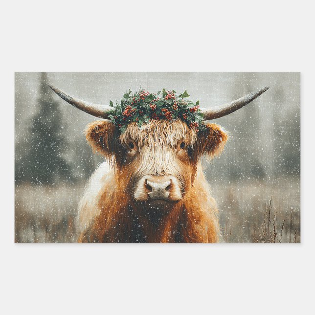 Highland Cow With Christmas Wreath Crown Rectangular Sticker (Front)