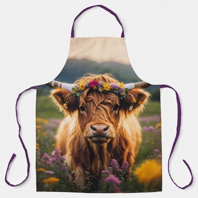 Highland Cow With Colourful Flower Crown Apron (Front)