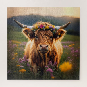 Highland Cow With Colourful Flower Crown Jigsaw Puzzle